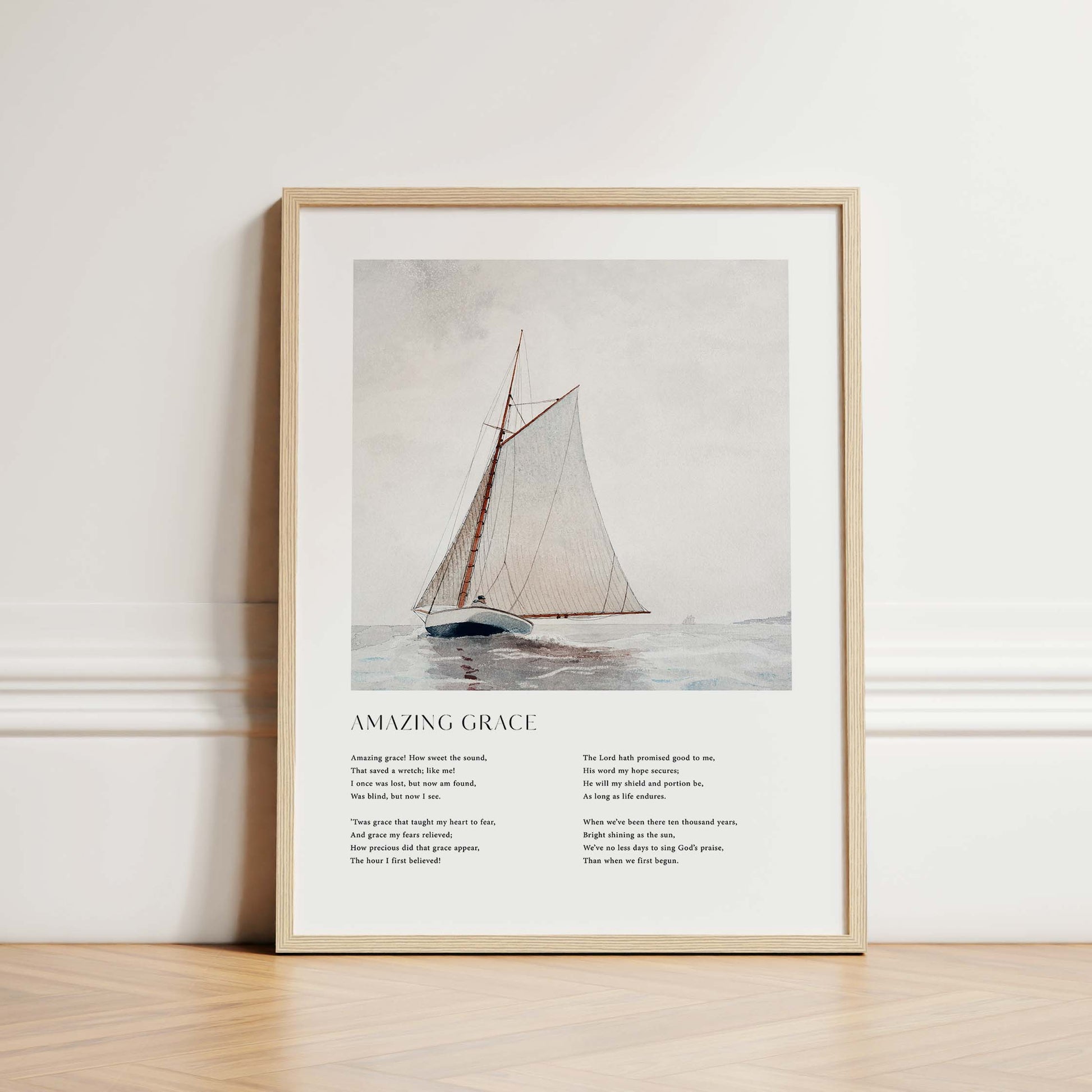 Framed Christian wall art print featuring a vintage-style illustration of a sailboat on the open sea. The artwork is paired with the timeless lyrics of "Amazing Grace," offering words of redemption and faith. This piece beautifully combines nautical imagery with spiritual reflection, making it an ideal addition to any home or prayer space.