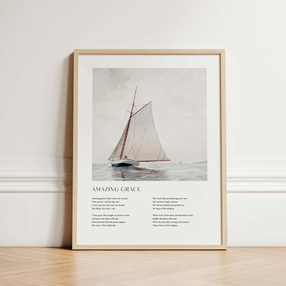 Framed Christian wall art print featuring a vintage-style illustration of a sailboat on the open sea. The artwork is paired with the timeless lyrics of "Amazing Grace," offering words of redemption and faith. This piece beautifully combines nautical imagery with spiritual reflection, making it an ideal addition to any home or prayer space.