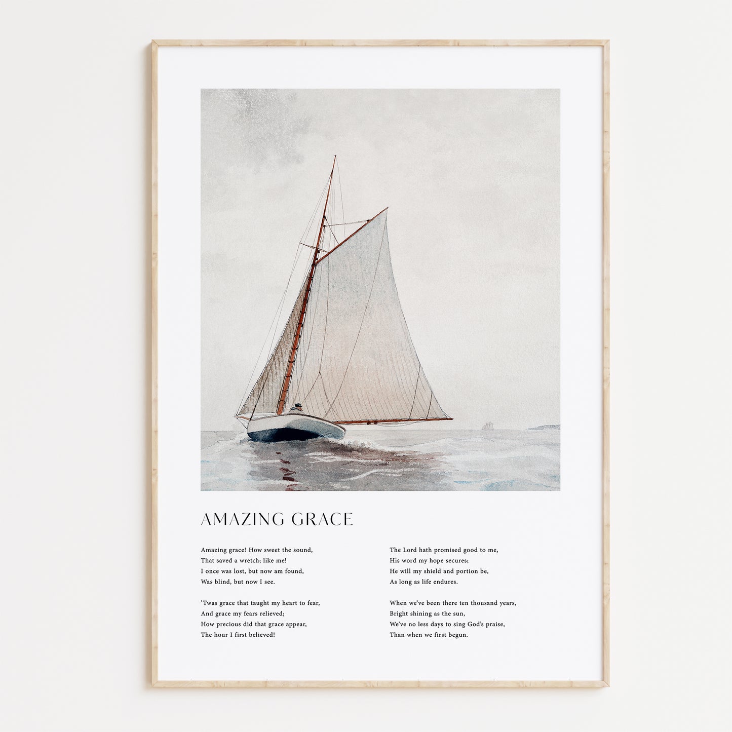 Framed Christian wall art print featuring a vintage-style illustration of a sailboat on the open sea. The artwork is paired with the timeless lyrics of "Amazing Grace," offering words of redemption and faith. This piece beautifully combines nautical imagery with spiritual reflection, making it an ideal addition to any home or prayer space.