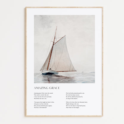 Framed Christian wall art print featuring a vintage-style illustration of a sailboat on the open sea. The artwork is paired with the timeless lyrics of "Amazing Grace," offering words of redemption and faith. This piece beautifully combines nautical imagery with spiritual reflection, making it an ideal addition to any home or prayer space.