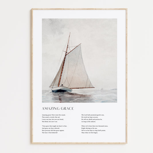 Framed Christian wall art print featuring a vintage-style illustration of a sailboat on the open sea. The artwork is paired with the timeless lyrics of "Amazing Grace," offering words of redemption and faith. This piece beautifully combines nautical imagery with spiritual reflection, making it an ideal addition to any home or prayer space.