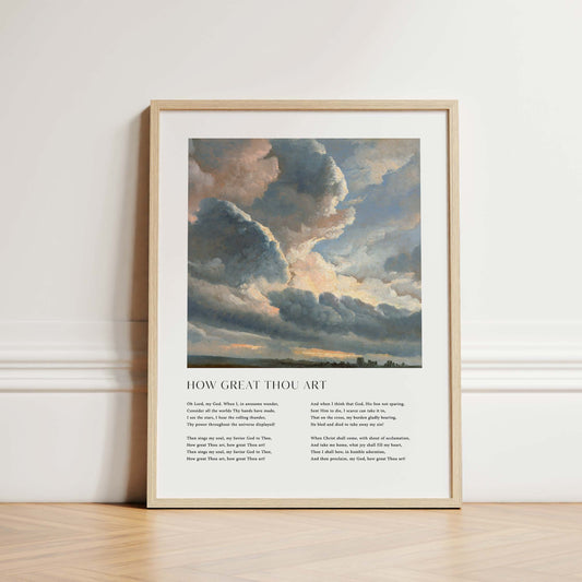 Framed Christian wall art print featuring a dramatic cloudscape in a vintage style. The artwork is paired with the lyrics of the hymn "How Great Thou Art," offering words of worship and reverence. This piece combines majestic scenery with spiritual reflection, making it a stunning addition to any home or worship space.