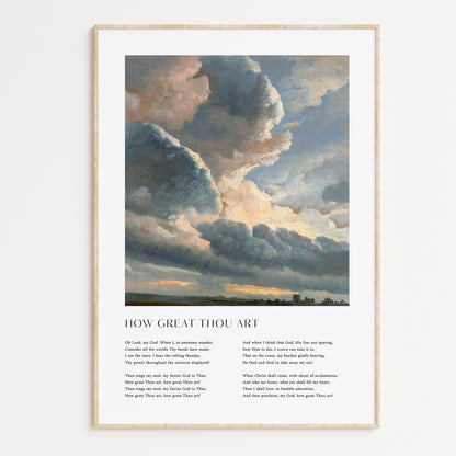 Framed Christian wall art print featuring a dramatic cloudscape in a vintage style. The artwork is paired with the lyrics of the hymn "How Great Thou Art," offering words of worship and reverence. This piece combines majestic scenery with spiritual reflection, making it a stunning addition to any home or worship space.