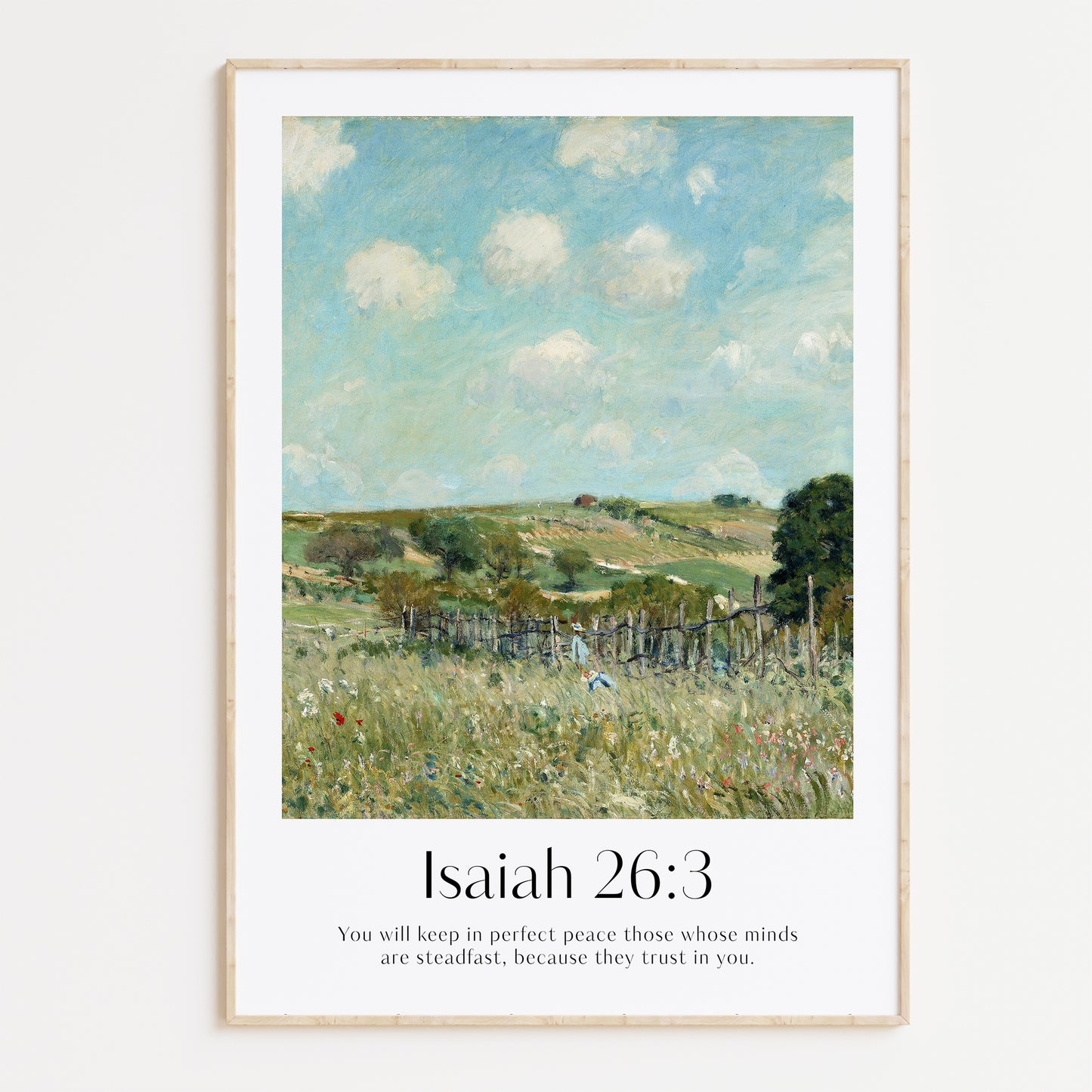 Framed Christian wall art print featuring a vintage-style illustration of a peaceful countryside landscape. The artwork is paired with the comforting Bible verse from Isaiah 26:3: "You will keep in perfect peace those whose minds are steadfast, because they trust in you." This piece combines natural beauty with spiritual reflection, making it a serene addition to any home or prayer space.