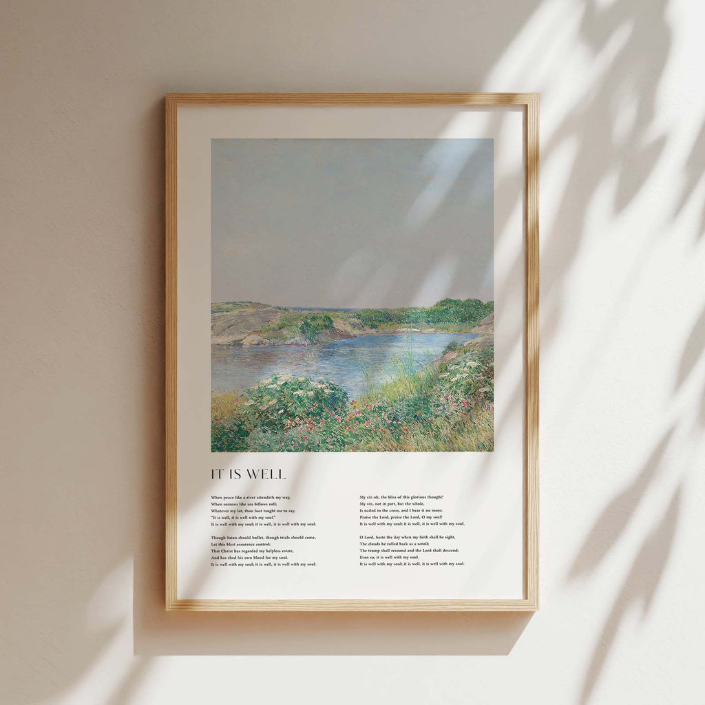 Framed Christian wall art print featuring a serene riverside landscape in a vintage style. The artwork is paired with the lyrics of the hymn "It Is Well," offering words of peace and comfort. This piece combines tranquil scenery with spiritual reflection, making it a beautiful addition to any home or prayer space.