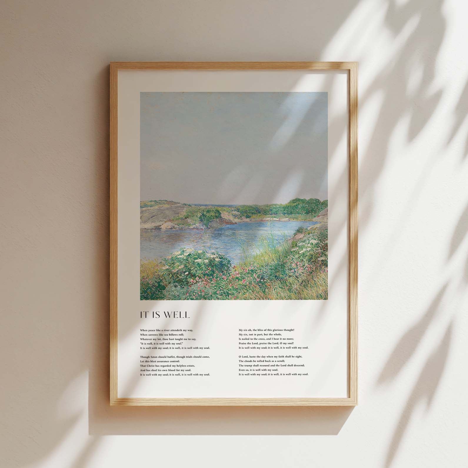Framed Christian wall art print featuring a serene riverside landscape in a vintage style. The artwork is paired with the lyrics of the hymn "It Is Well," offering words of peace and comfort. This piece combines tranquil scenery with spiritual reflection, making it a beautiful addition to any home or prayer space.
