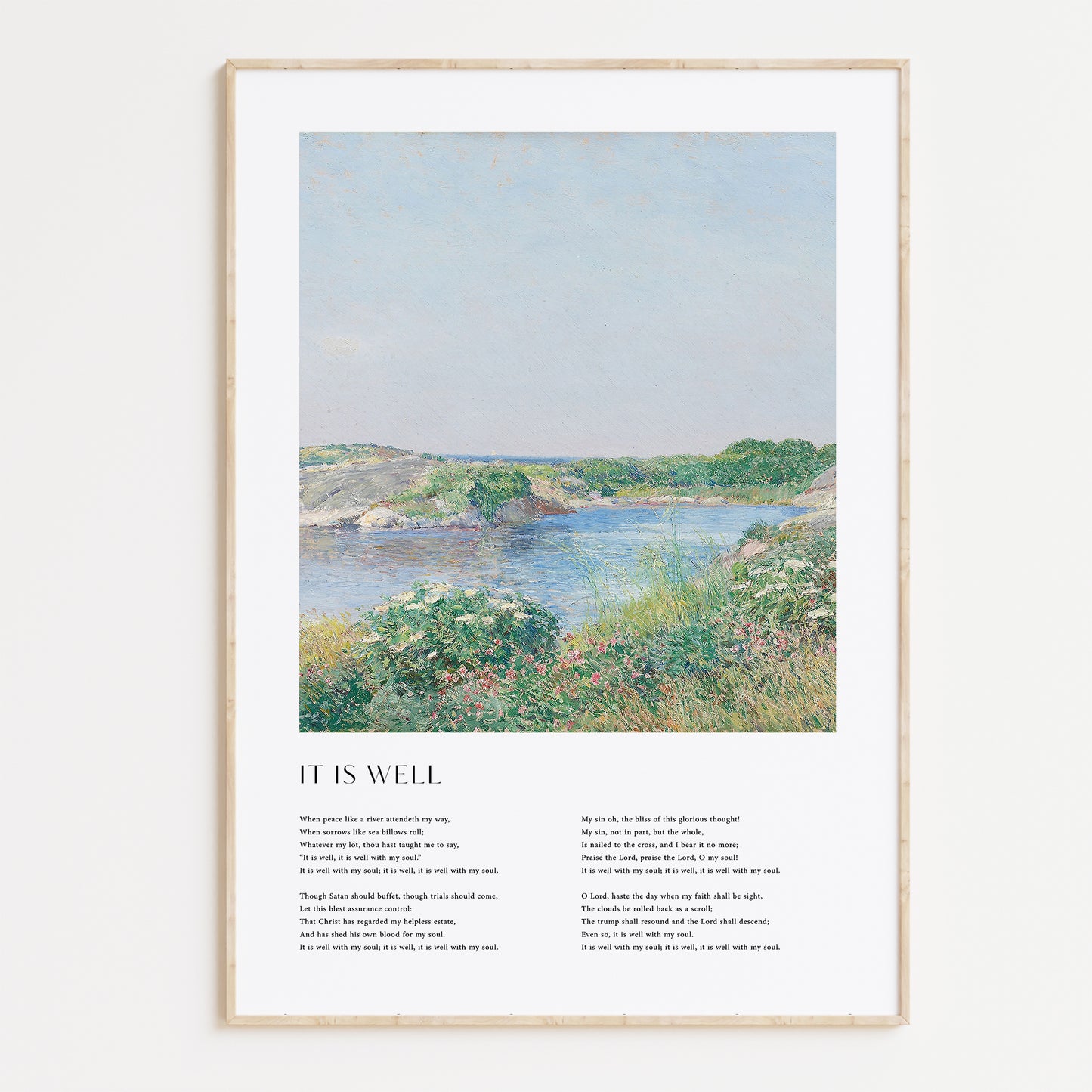 Framed Christian wall art print featuring a serene riverside landscape in a vintage style. The artwork is paired with the lyrics of the hymn "It Is Well," offering words of peace and comfort. This piece combines tranquil scenery with spiritual reflection, making it a beautiful addition to any home or prayer space.