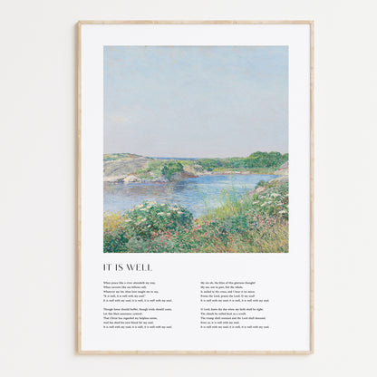 Framed Christian wall art print featuring a serene riverside landscape in a vintage style. The artwork is paired with the lyrics of the hymn "It Is Well," offering words of peace and comfort. This piece combines tranquil scenery with spiritual reflection, making it a beautiful addition to any home or prayer space.