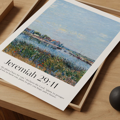 Framed Christian wall art print featuring a vintage-style landscape inspired by Alfred Sisley. The artwork shows a peaceful riverside village scene, paired with the Bible verse Jeremiah 29:11: "For I know the plans I have for you," declares the Lord, "plans to prosper you and not to harm you, plans to give you hope and a future." This piece combines serene imagery with a message of hope and faith, making it perfect for home decor or a prayer space.