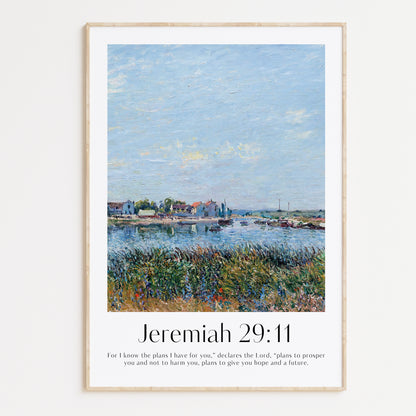 Framed Christian wall art print featuring a vintage-style landscape inspired by Alfred Sisley. The artwork shows a peaceful riverside village scene, paired with the Bible verse Jeremiah 29:11: "For I know the plans I have for you," declares the Lord, "plans to prosper you and not to harm you, plans to give you hope and a future." This piece combines serene imagery with a message of hope and faith, making it perfect for home decor or a prayer space.