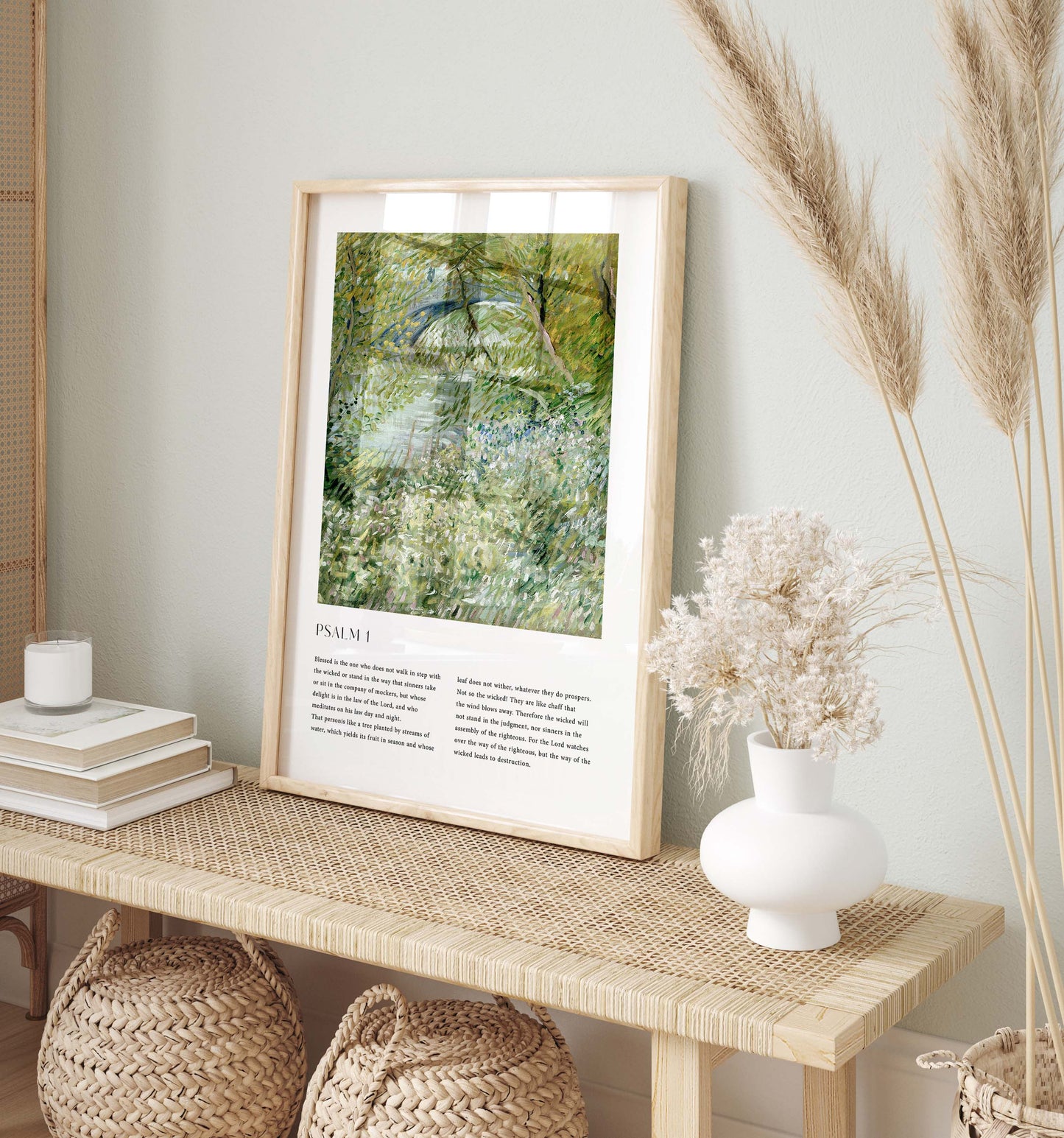 Framed Christian wall art print featuring a peaceful landscape in a vintage style. The artwork displays a serene riverside scene surrounded by lush greenery, paired with the full text of Psalm 1. This piece combines the beauty of nature with spiritual reflection, making it an uplifting addition to any home or prayer space.