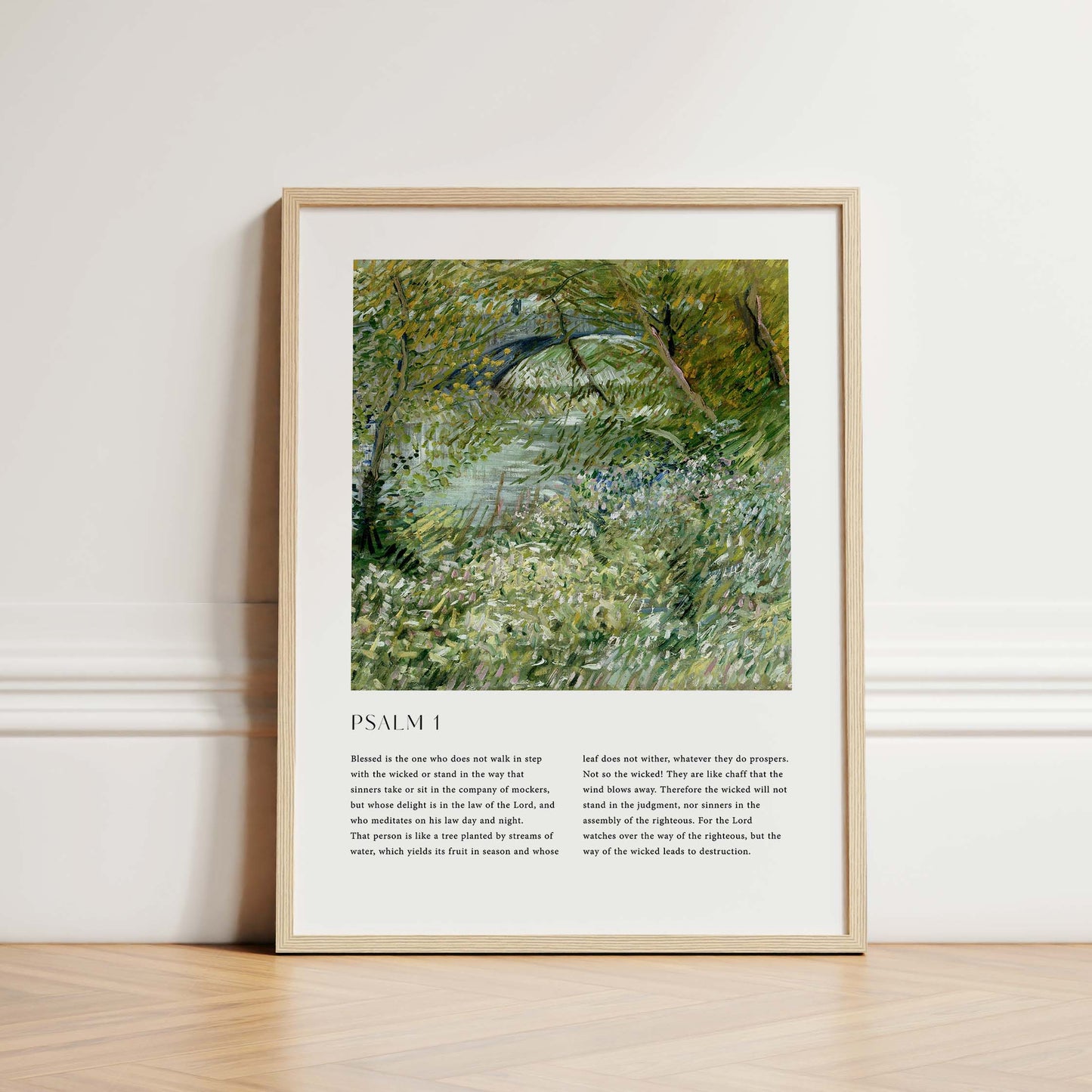 Framed Christian wall art print featuring a peaceful landscape in a vintage style. The artwork displays a serene riverside scene surrounded by lush greenery, paired with the full text of Psalm 1. This piece combines the beauty of nature with spiritual reflection, making it an uplifting addition to any home or prayer space.