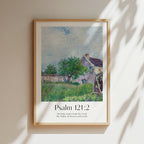 Framed Christian wall art print featuring a vintage-style illustration of a serene countryside home and garden scene. The artwork is paired with the Bible verse Psalm 121:2: "My help comes from the Lord, the Maker of heaven and earth." This piece combines peaceful imagery with spiritual reflection, perfect for any home or prayer space.
