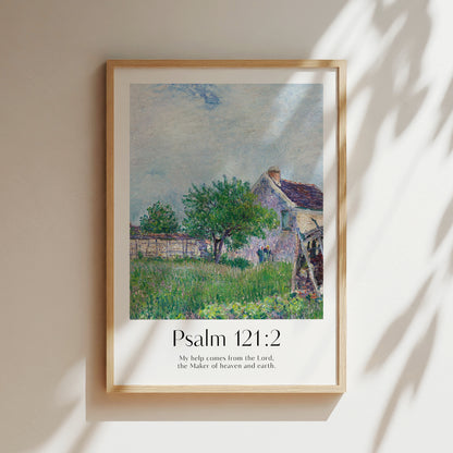 Framed Christian wall art print featuring a vintage-style illustration of a serene countryside home and garden scene. The artwork is paired with the Bible verse Psalm 121:2: "My help comes from the Lord, the Maker of heaven and earth." This piece combines peaceful imagery with spiritual reflection, perfect for any home or prayer space.