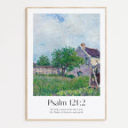 Framed Christian wall art print featuring a vintage-style illustration of a serene countryside home and garden scene. The artwork is paired with the Bible verse Psalm 121:2: "My help comes from the Lord, the Maker of heaven and earth." This piece combines peaceful imagery with spiritual reflection, perfect for any home or prayer space.