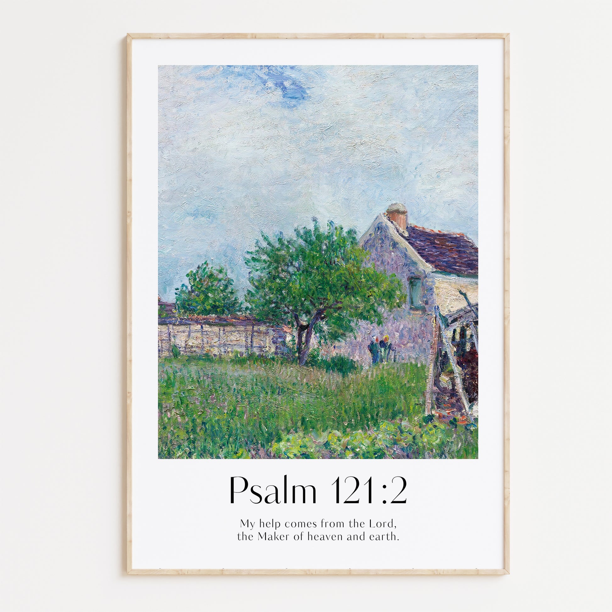 Framed Christian wall art print featuring a vintage-style illustration of a serene countryside home and garden scene. The artwork is paired with the Bible verse Psalm 121:2: "My help comes from the Lord, the Maker of heaven and earth." This piece combines peaceful imagery with spiritual reflection, perfect for any home or prayer space.