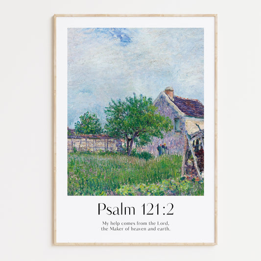 Framed Christian wall art print featuring a vintage-style illustration of a serene countryside home and garden scene. The artwork is paired with the Bible verse Psalm 121:2: "My help comes from the Lord, the Maker of heaven and earth." This piece combines peaceful imagery with spiritual reflection, perfect for any home or prayer space.