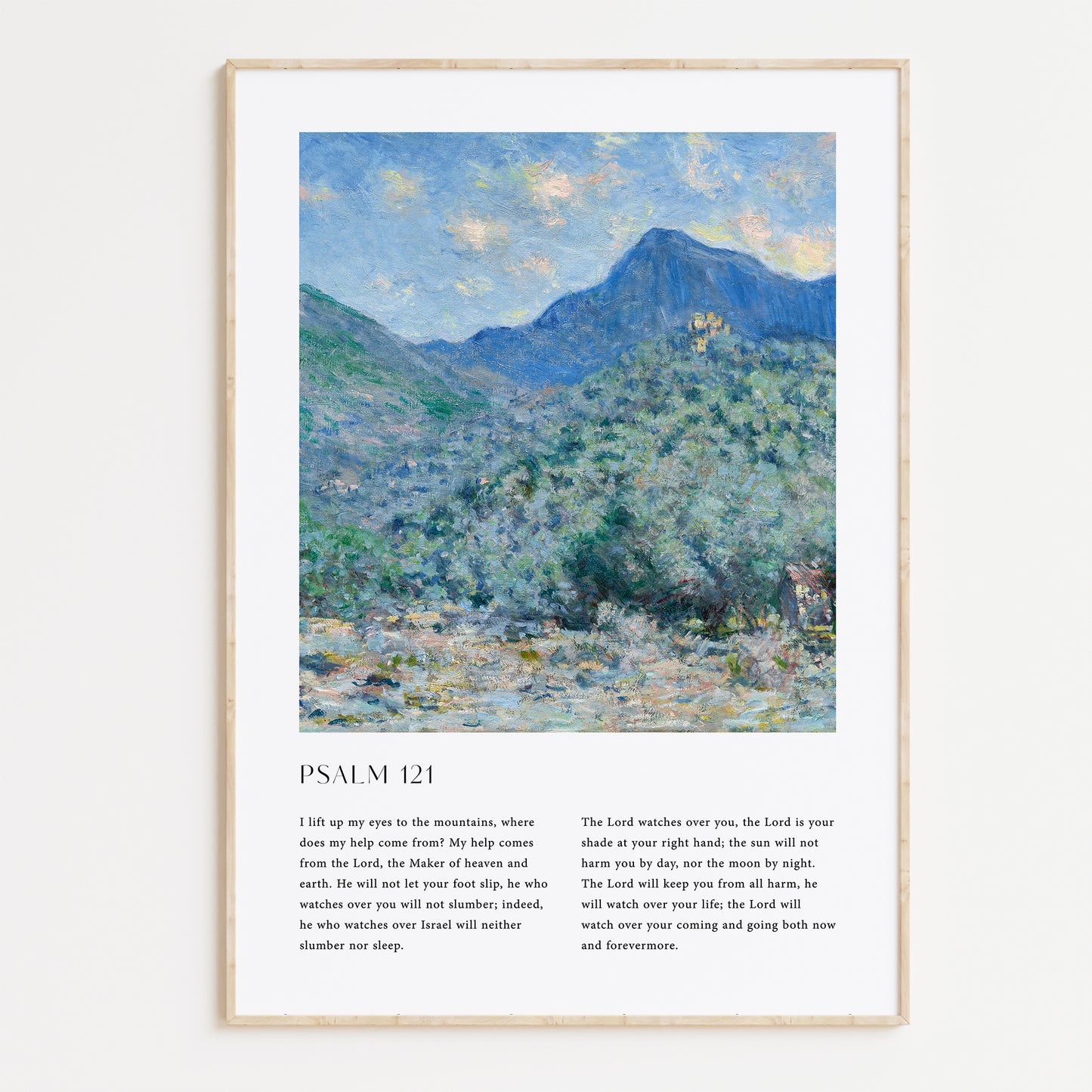 Framed Christian wall art print featuring a serene mountain landscape in a vintage style. The artwork displays a peaceful mountain scene under a bright sky, paired with the full text of Psalm 121. This piece combines the beauty of nature with spiritual reflection, making it an uplifting addition to any home or prayer space.