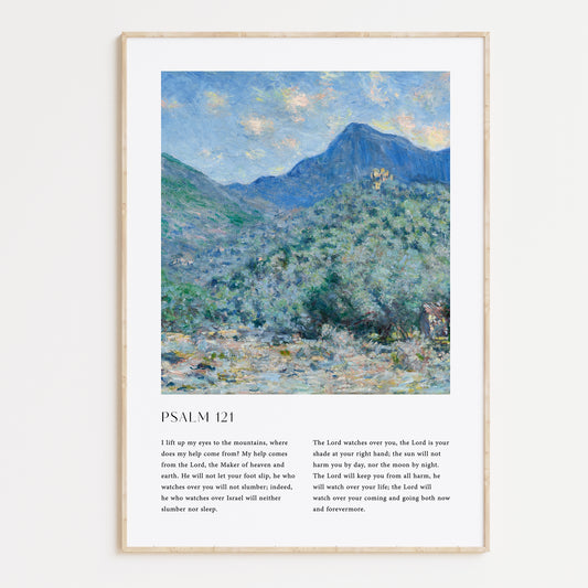 Framed Christian wall art print featuring a serene mountain landscape in a vintage style. The artwork displays a peaceful mountain scene under a bright sky, paired with the full text of Psalm 121. This piece combines the beauty of nature with spiritual reflection, making it an uplifting addition to any home or prayer space.