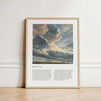 Framed Christian wall art print featuring a dramatic sky landscape in a vintage style. The artwork displays towering, illuminated clouds over a serene horizon, paired with the full text of Psalm 19. This piece combines the majesty of the natural world with spiritual reflection, making it an inspiring addition to any home or place of worship.