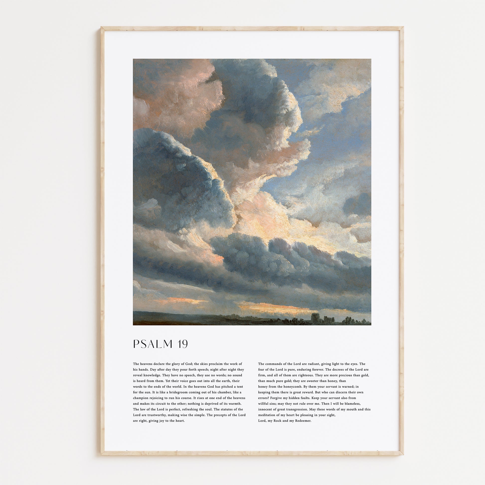 Framed Christian wall art print featuring a dramatic sky landscape in a vintage style. The artwork displays towering, illuminated clouds over a serene horizon, paired with the full text of Psalm 19. This piece combines the majesty of the natural world with spiritual reflection, making it an inspiring addition to any home or place of worship.