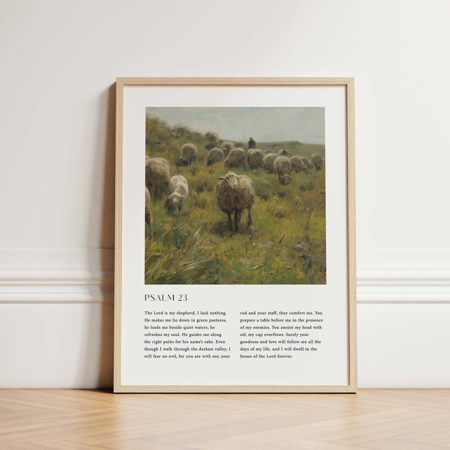 Framed Christian wall art print featuring a peaceful pastoral scene with a shepherd and his flock of sheep, inspired by a vintage style. The artwork is paired with the full text of Psalm 23: "The Lord is my shepherd, I lack nothing...and I will dwell in the house of the Lord forever." This piece combines serene rural imagery with a comforting spiritual message, making it a perfect addition to any home or prayer space.