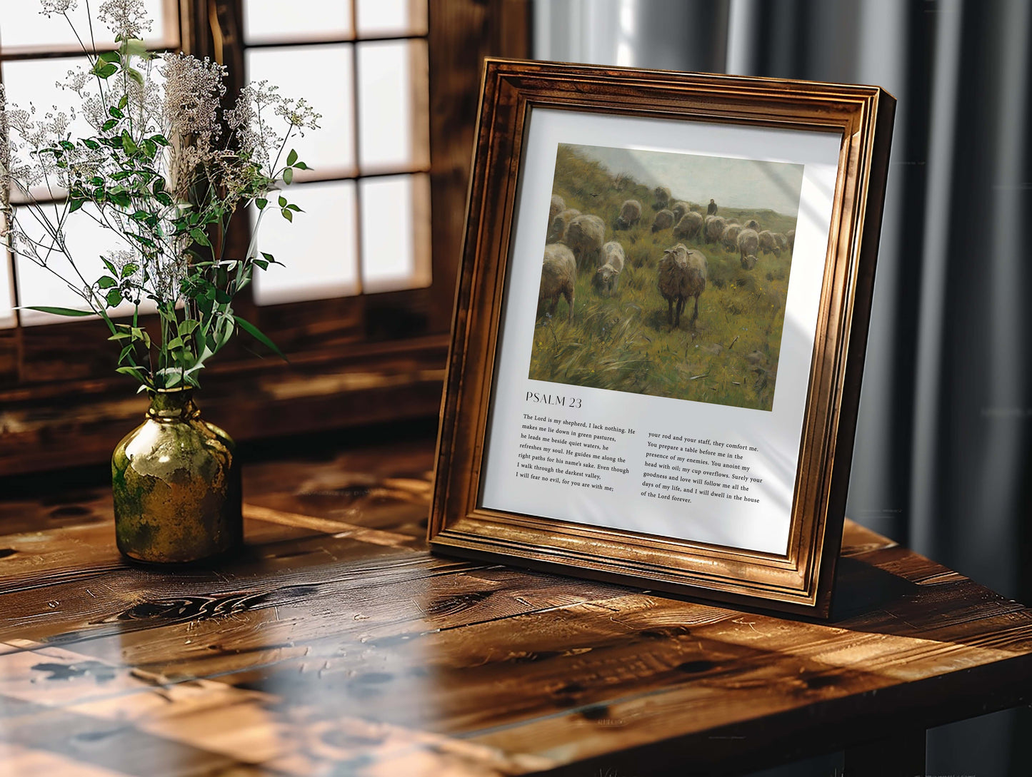 Framed Christian wall art print featuring a peaceful pastoral scene with a shepherd and his flock of sheep, inspired by a vintage style. The artwork is paired with the full text of Psalm 23: "The Lord is my shepherd, I lack nothing...and I will dwell in the house of the Lord forever." This piece combines serene rural imagery with a comforting spiritual message, making it a perfect addition to any home or prayer space.