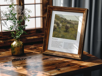 Framed Christian wall art print featuring a peaceful pastoral scene with a shepherd and his flock of sheep, inspired by a vintage style. The artwork is paired with the full text of Psalm 23: "The Lord is my shepherd, I lack nothing...and I will dwell in the house of the Lord forever." This piece combines serene rural imagery with a comforting spiritual message, making it a perfect addition to any home or prayer space.