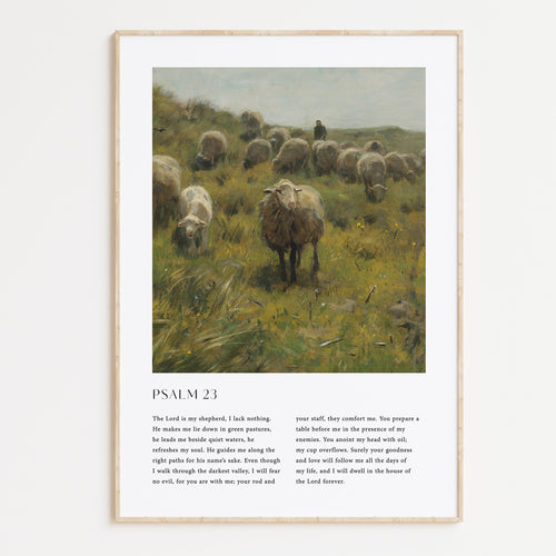 Framed Christian wall art print featuring a peaceful pastoral scene with a shepherd and his flock of sheep, inspired by Menci Clement. The artwork is paired with the full text of Psalm 23: "The Lord is my shepherd, I lack nothing...and I will dwell in the house of the Lord forever." This piece combines serene rural imagery with a comforting spiritual message, making it a perfect addition to any home or prayer space.