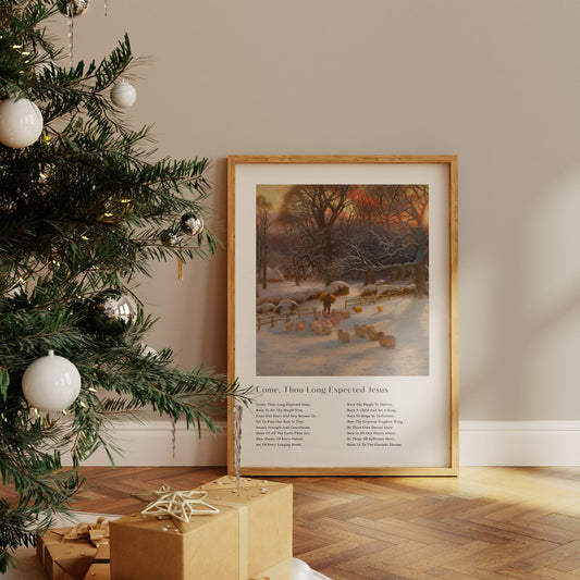 Vintage christmas carol  'Come Thou Long Expected Jesus' framed print for Christian Christmas Home decor.