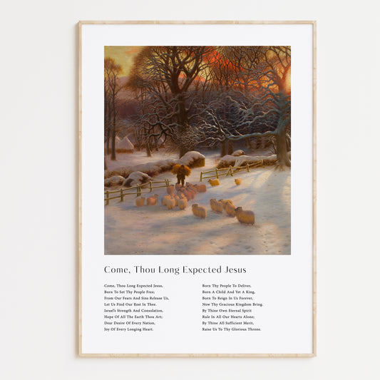 Vintage christmas carol  'Come Thou Long Expected Jesus' framed print for Christian Christmas Home decor.