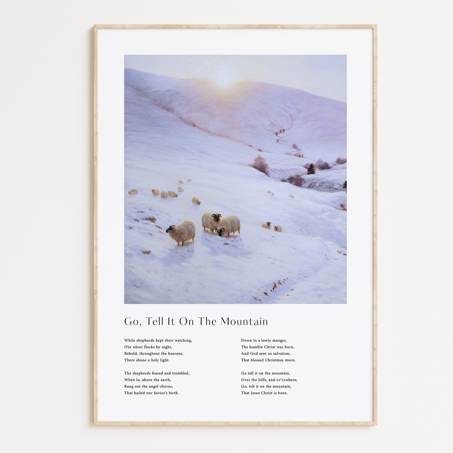 Vintage christmas carol  'Go Tell It On The Mountain' framed print for Christian Christmas Home decor.