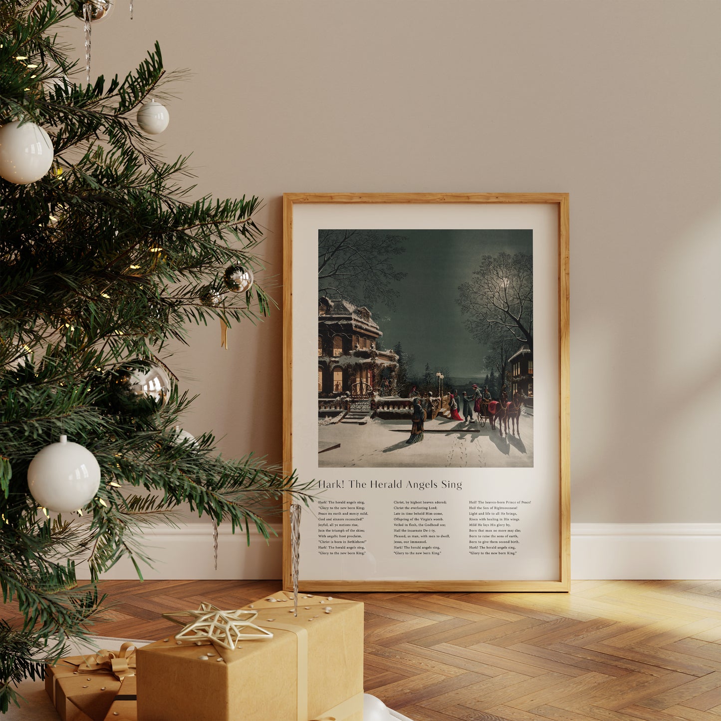 Vintage christmas carol  'Hark The Herald Angels Sing' framed print for Christian Christmas Home decor.