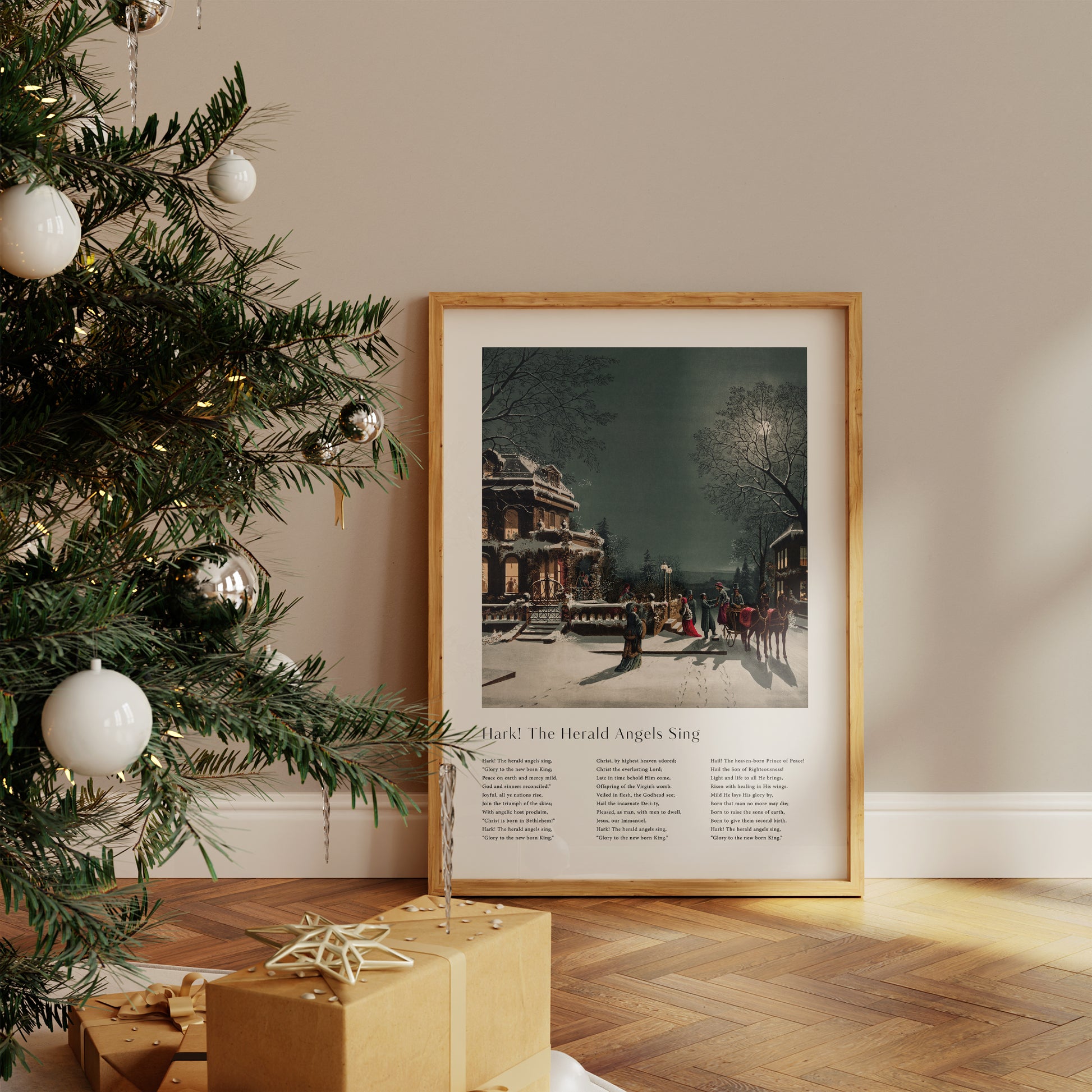 Vintage christmas carol  'Hark The Herald Angels Sing' framed print for Christian Christmas Home decor.