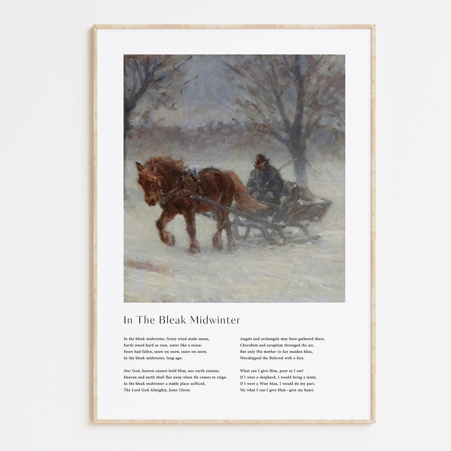 Vintage christmas carol  'In The Bleak Midwinter' framed print for Christian Christmas Home decor.