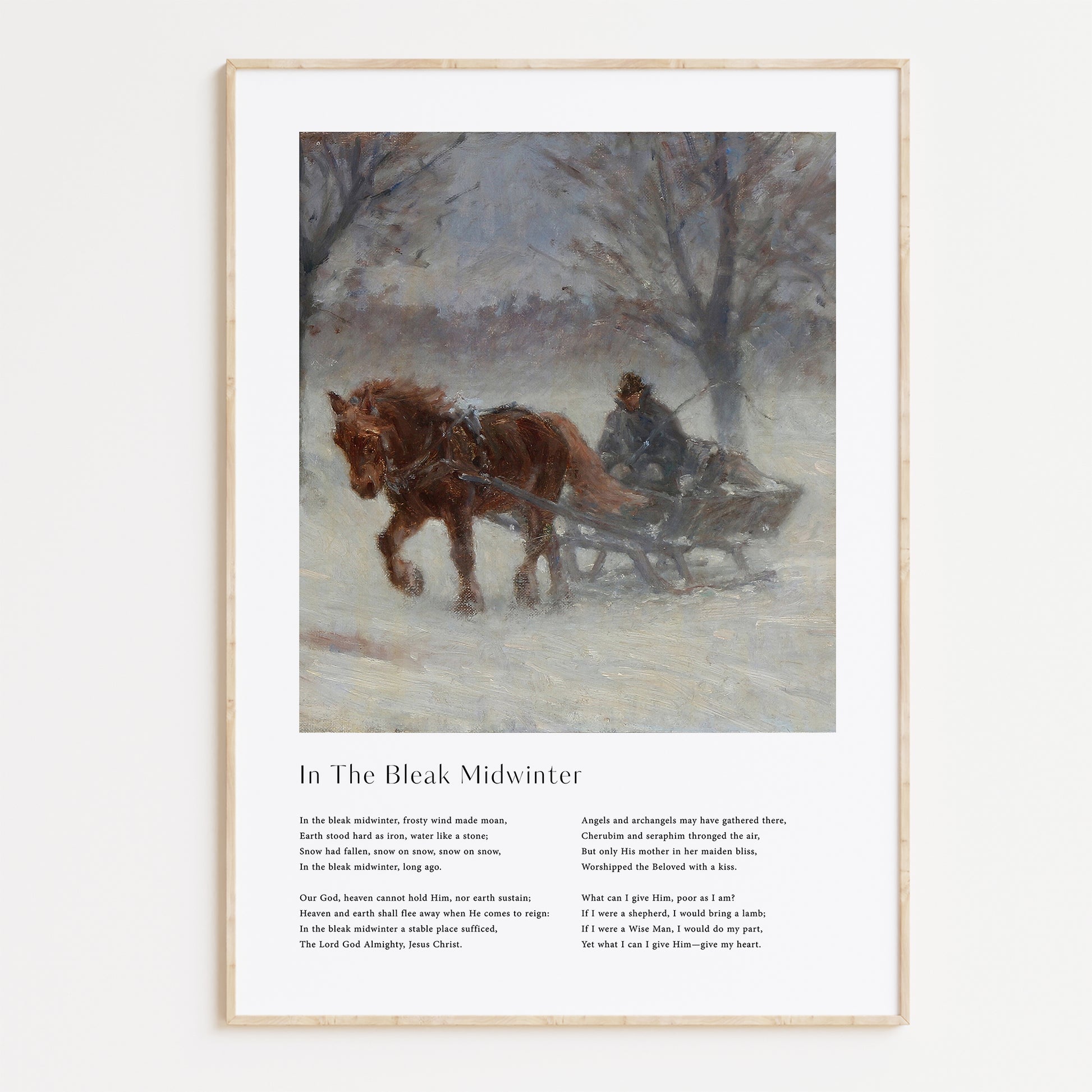 Vintage christmas carol  'In The Bleak Midwinter' framed print for Christian Christmas Home decor.