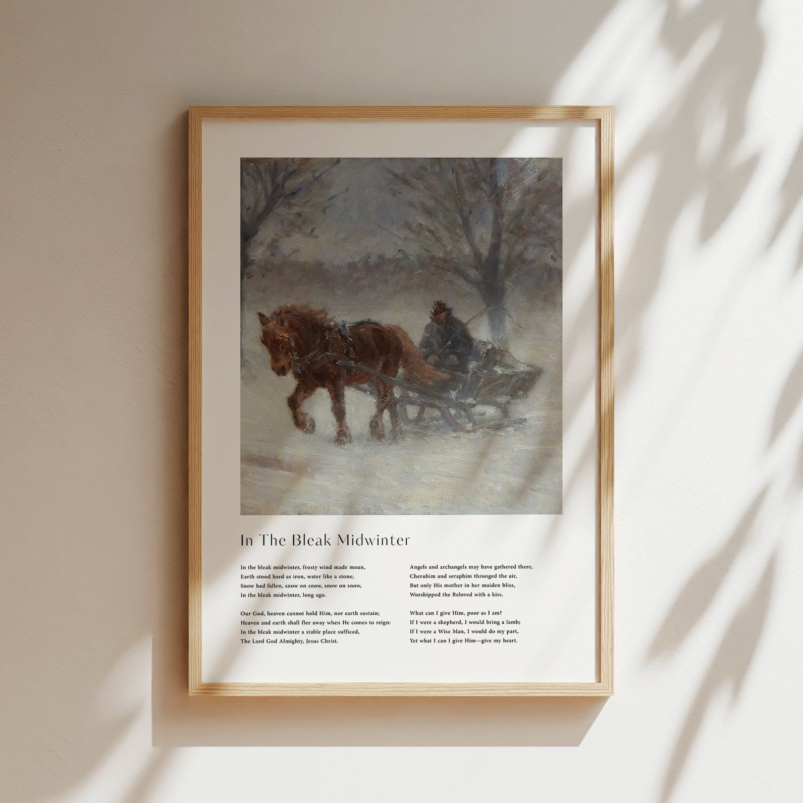 Vintage christmas carol  'In The Bleak Midwinter' framed print for Christian Christmas Home decor.