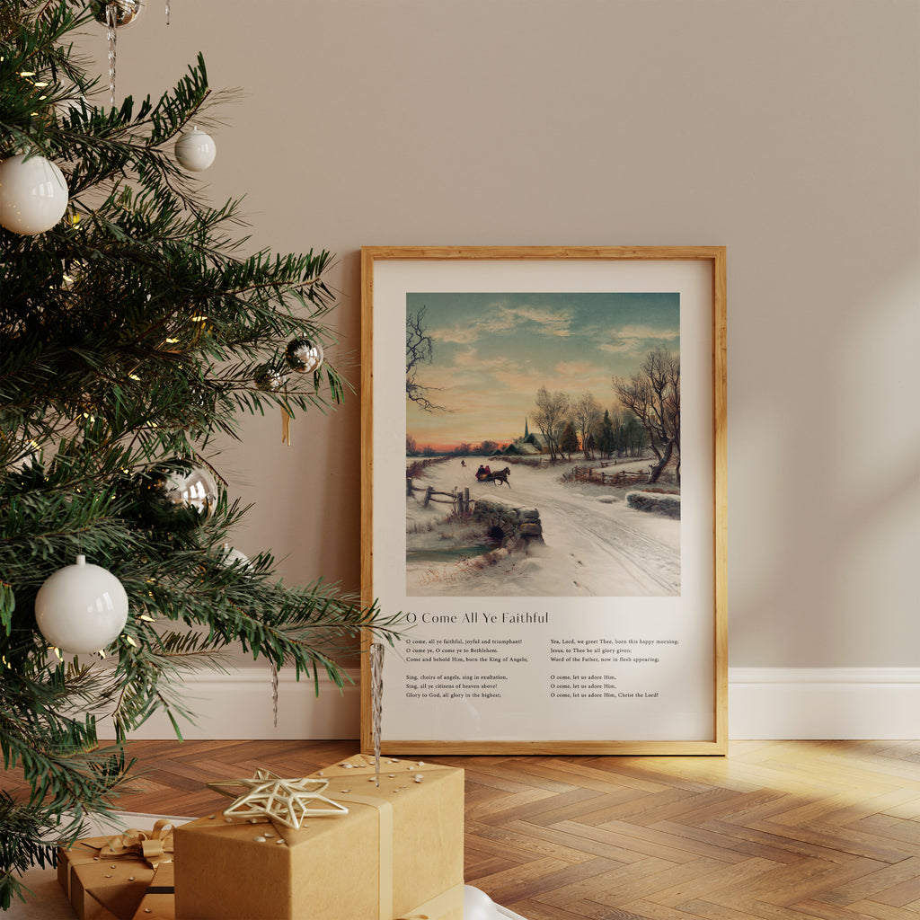 Vintage christmas carol  'O Come All Ye Faithful' framed print for Christian Christmas Home decor.