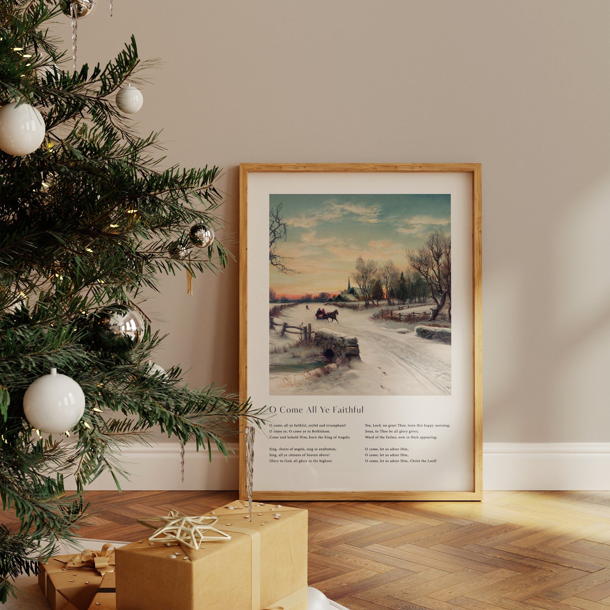 Vintage christmas carol  'O Come All Ye Faithful' framed print for Christian Christmas Home decor.
