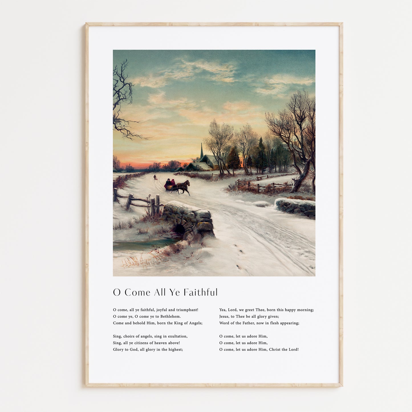 Vintage christmas carol  'O Come All Ye Faithful' framed print for Christian Christmas Home decor.