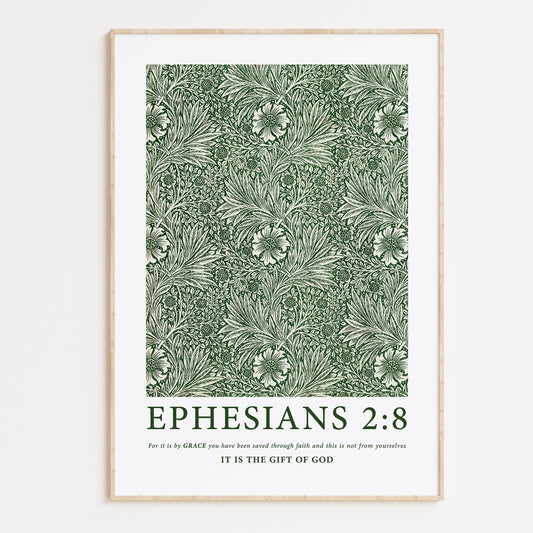 Framed Christian wall art print featuring a green botanical pattern by William Morris. Displays the Bible verse Ephesians 2:8: "For it is by grace you have been saved through faith and this is not from yourselves, it is the gift of God." This artwork blends classic, nature-inspired design with powerful scripture, making it a meaningful addition to any Christian home. Elegantly framed in light wood, ideal for enhancing living room or prayer space decor.