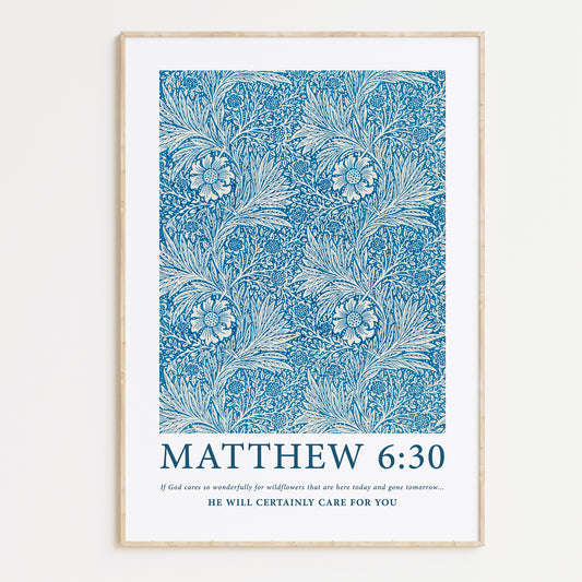 Framed Christian wall art print featuring a detailed blue floral pattern inspired by William Morris. Displays the Bible verse Matthew 6:30: "If God cares so wonderfully for wildflowers that are here today and gone tomorrow... He will certainly care for you." This artwork combines classic, nature-inspired design with a comforting scripture, making it a meaningful addition to any Christian home. Elegantly framed in light wood, ideal for enhancing living room or prayer space decor.